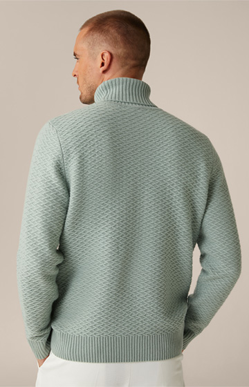 Textured Virgin Wool Roll Neck Amilo Pullover with Cashmere in Sage