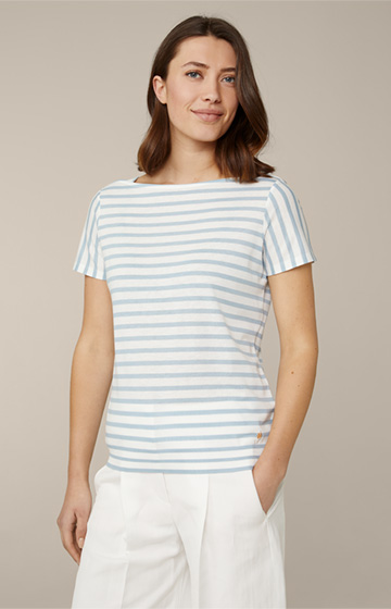 Tencel-Baumwoll-T-Shirt in Blau-Ecru gestreift