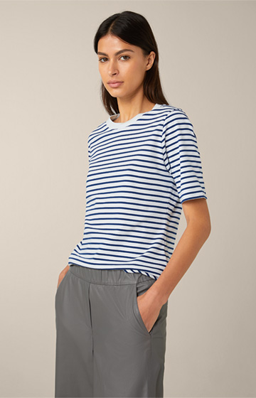 T-shirt en coton interlock, en blanc et bleu à rayures