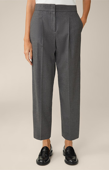 Flannel Pleat-front Cropped Trousers in Grey Marl