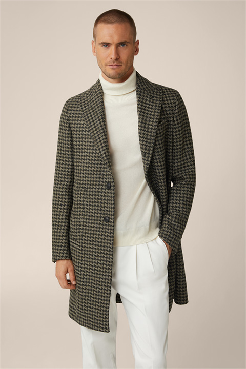 Capo Virgin Wool Coat with Lapel Collar in a Black and Sage Pepita Pattern