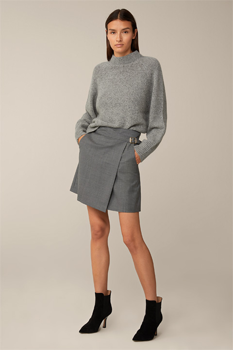 Virgin Wool Mini Trouser Skirt in Grey Marl