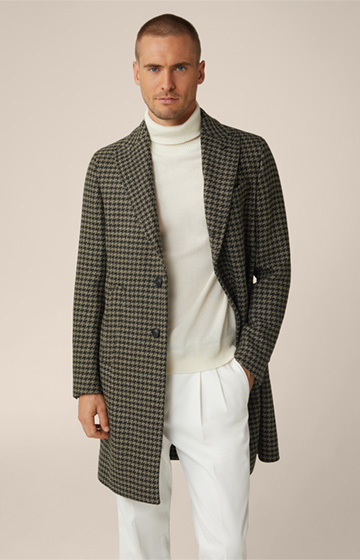 Capo Virgin Wool Coat with Lapel Collar in a Black and Sage Pepita Pattern