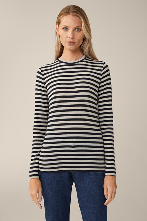Tencel Wool Stretch Round Neck Shirt in Navy/Beige Stripes