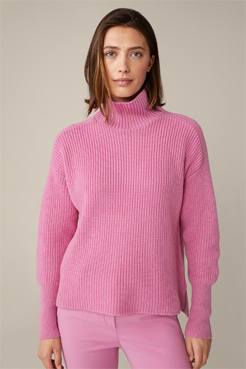 Merino-Strick-Pullover mit Stehkragen in hellem Pink