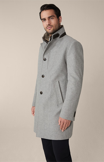 Manteau à col relevé Rivano à teneur en cachemire, avec col en fourrure d’agneau, en gris clair chiné