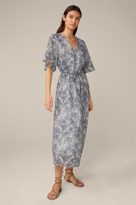 Cotton Batiste Dress in Maxi Length in a Navy and Ecru Pattern