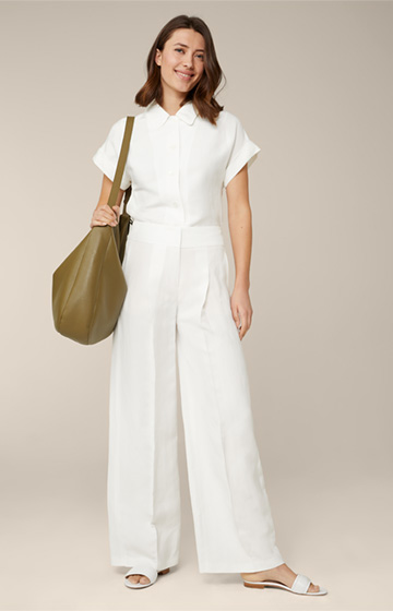 Pleated Linen Mix Palazzo Trousers in Ecru