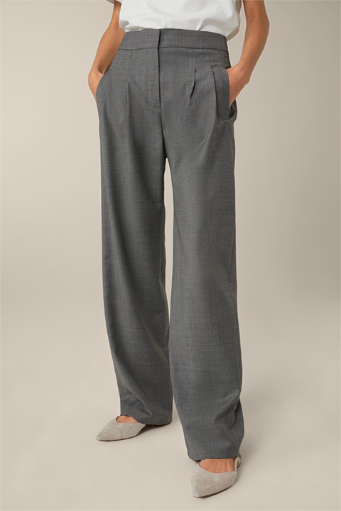 Virgin Wool Marlene Trousers with Pleated Front in Mottled Grey