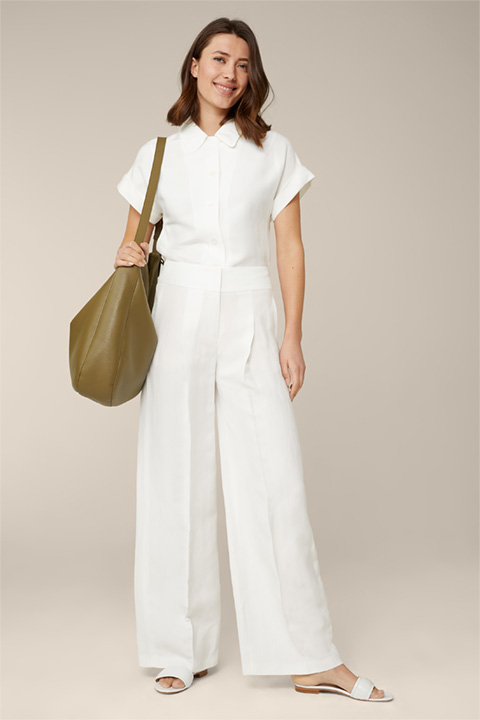Pleated Linen Mix Palazzo Trousers in Ecru