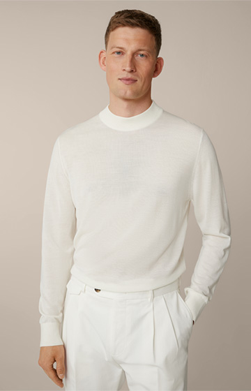 Nando Knitted Stand-up Collar Pullover with Silk and Cashmere in Wool White