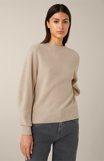Merino Knitted Pullover with Stand-up Collar in Beige