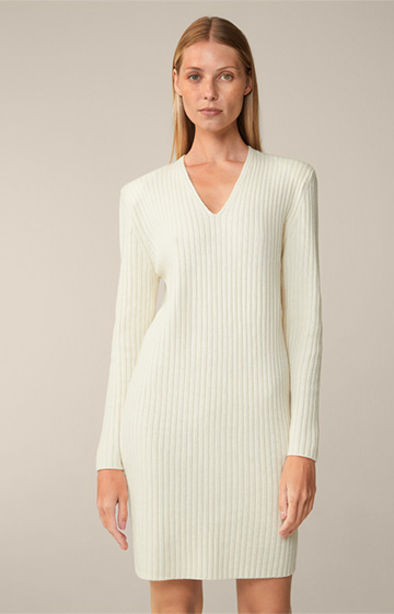 Virgin Wool Cashmere Mix Ribbed Knitted Dress in Ecru