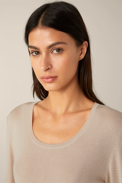 Virgin Wool Ribbed Knit Pullover with Silk in Beige