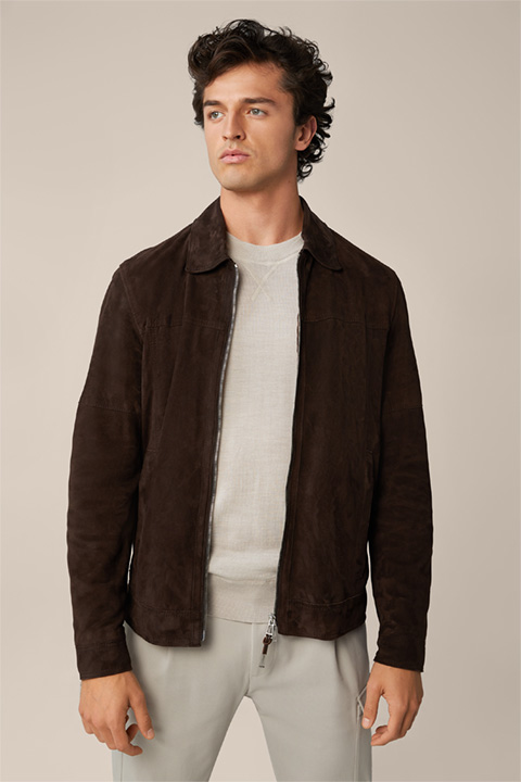 Goatskin Suede Leather Bareto Jacket in Dark Brown