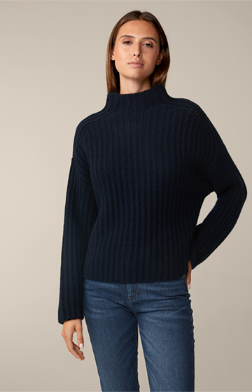 Navy Sweater with Stand-up Collar in a Virgin Wool and Cashmere Mix