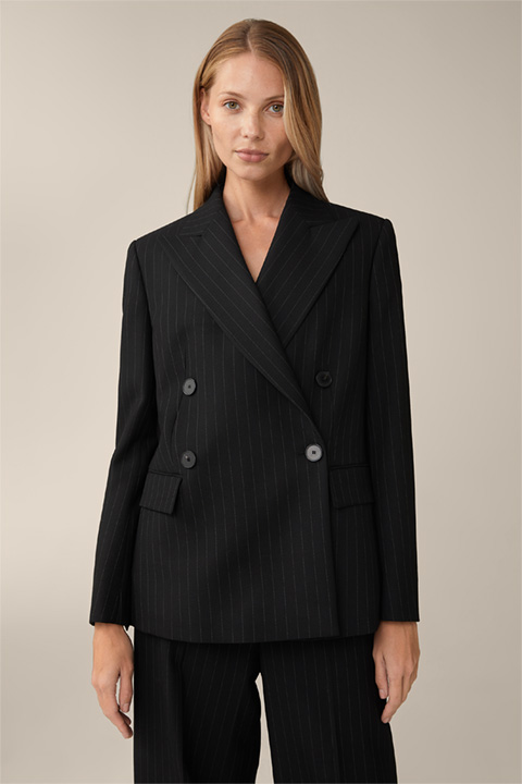 Virgin Wool Twill Double-Breasted Blazer with Pinstripes in Black