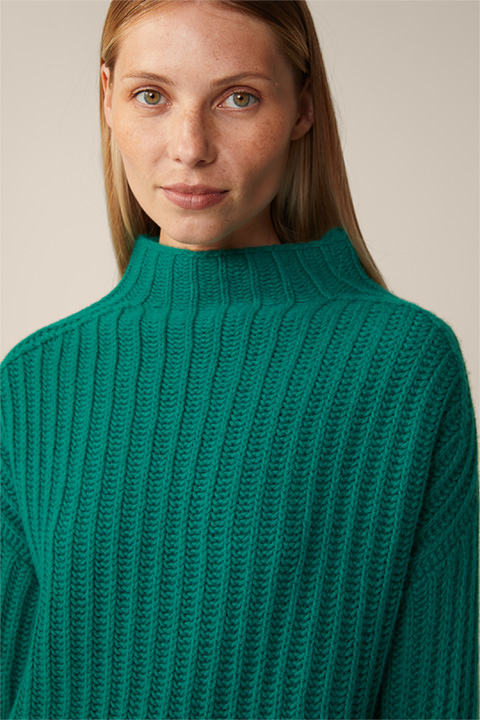 Green Sweater with Stand-up Collar in a Virgin Wool and Cashmere Mix