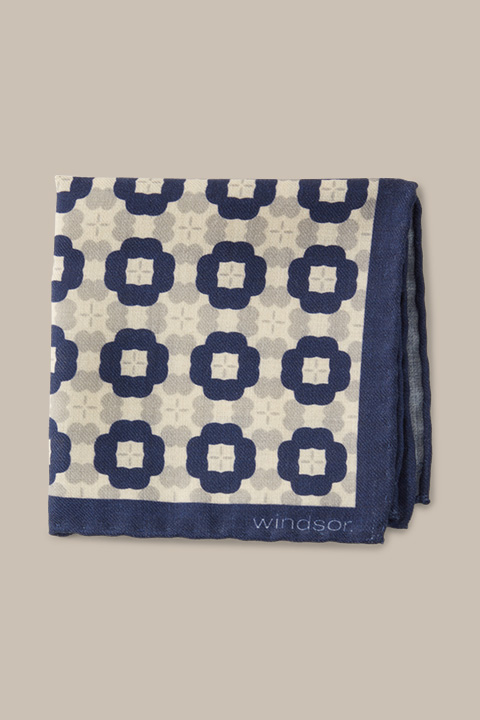 Virgin Wool Breast Pocket Handkerchief in a Grey and Blue Pattern