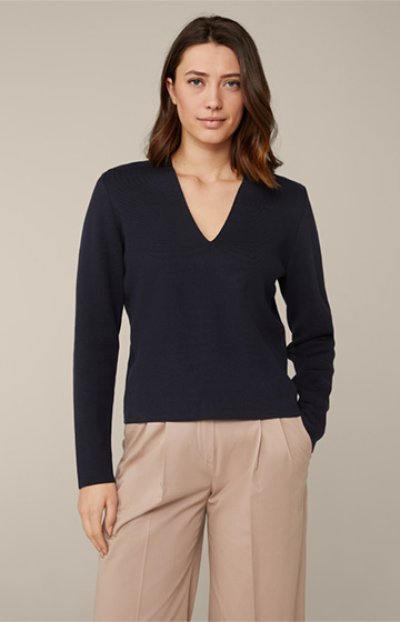 Cotton Tencel Knitted Pullover with Shoulder Pads in Navy