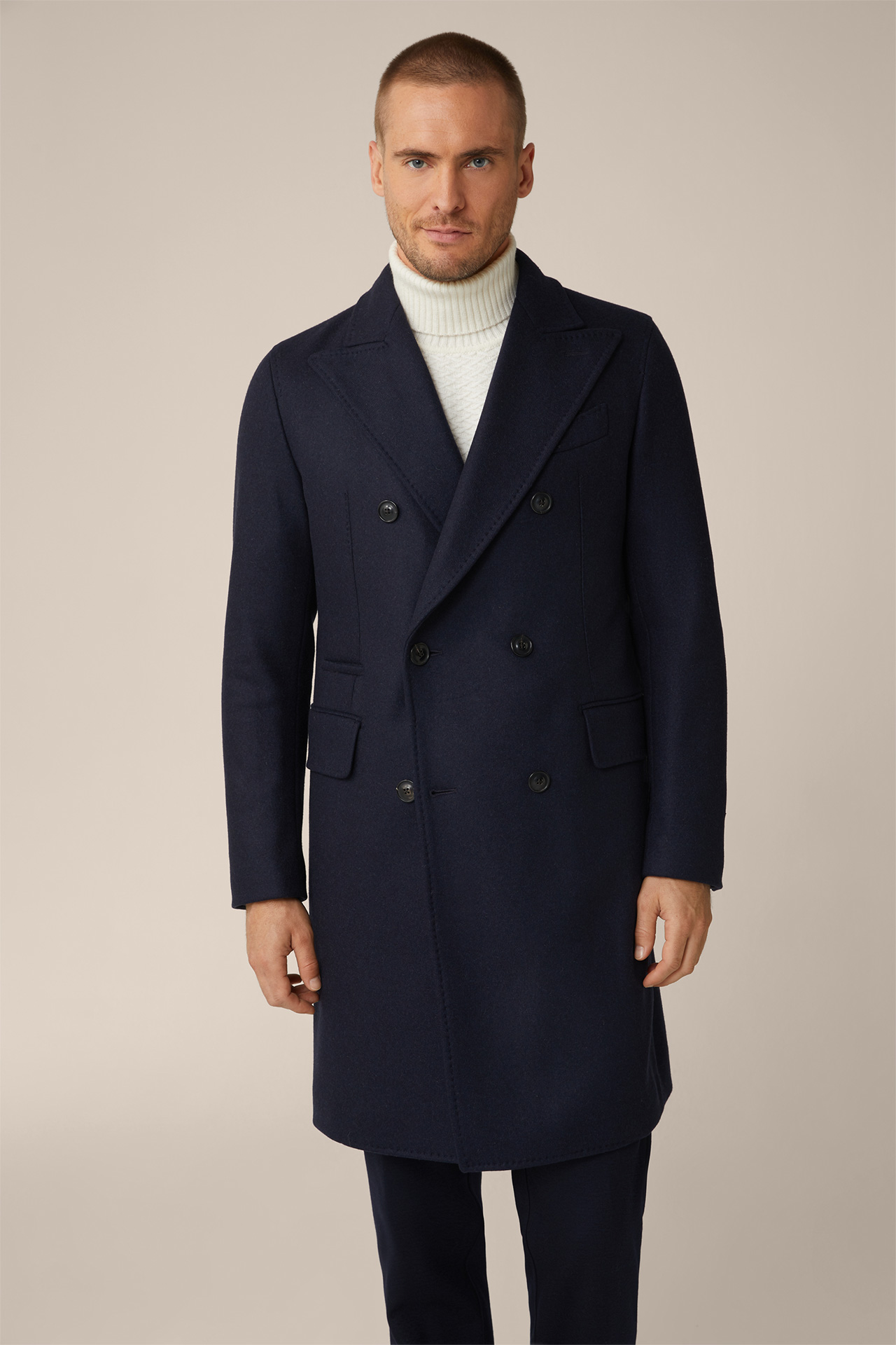 Cantro Cashmere Double-breasted Coat with Lapel Collar in Navy