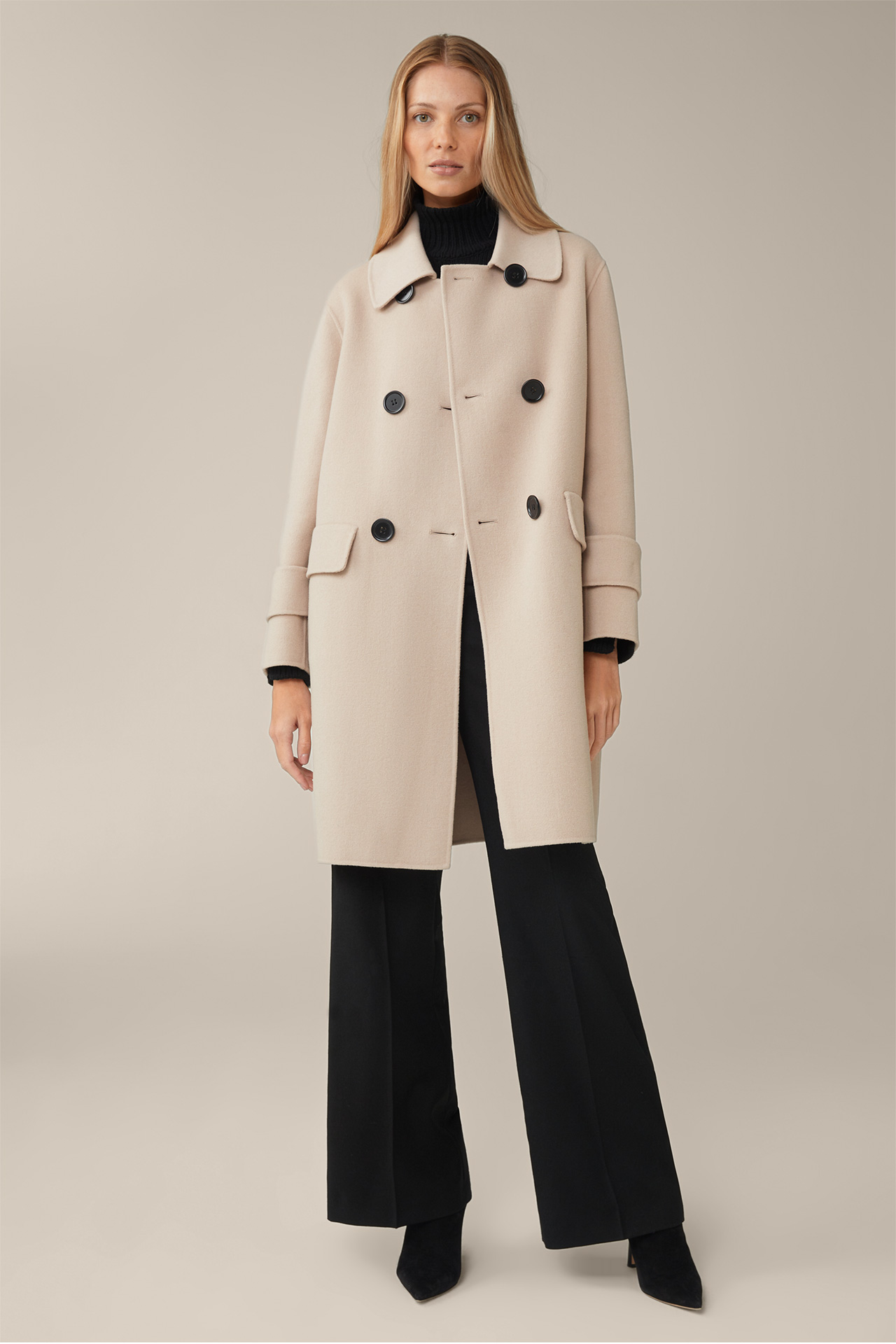 Double-breasted Wool Blend Coat with Cashmere in Beige