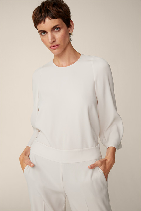 Crêpe Blouse with Round Neck in Light Beige