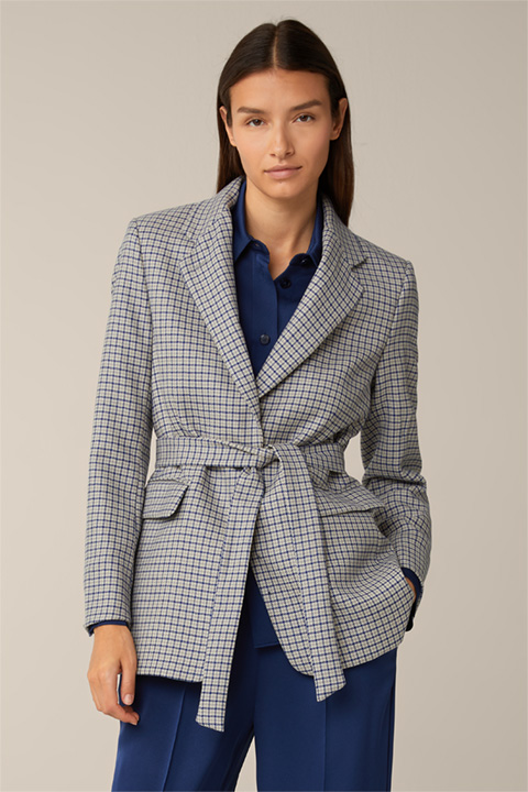 Virgin Wool Long Blazer with Belt in a Beige, Grey and Blue Pattern
