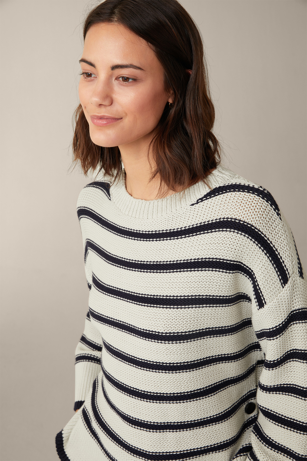 Cotton Blend Knitted Pullover in Navy and Light Beige Striped