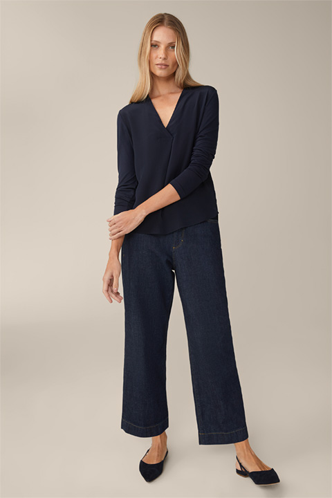 Tencel Long-sleeved Shirt in Navy with Satin Front