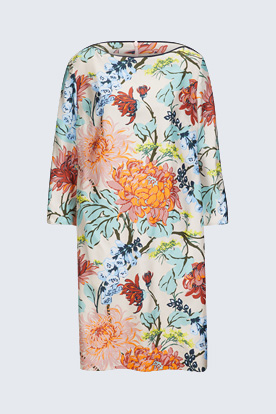 Seidenkleid in Beige mit buntem Flower-Print
