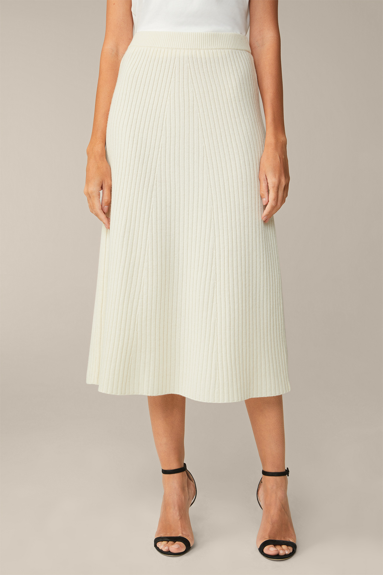 Ecru Ribbed Knitted Midi Skirt in a Virgin Wool and Cashmere Mix