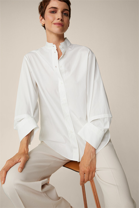 Poplin Longline Blouse with Stand-up Collar in White