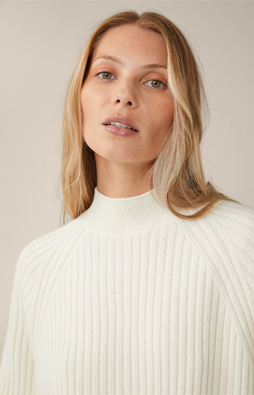 Ecru Ribbed Knit Pullover in a Virgin Wool and Cashmere Mix