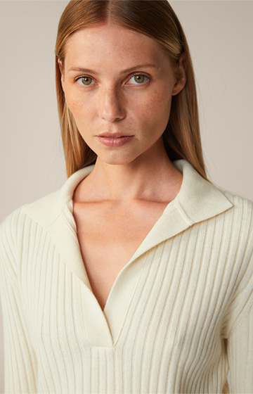 Ecru Ribbed Knit Pullover in a Virgin Wool and Cashmere Mix