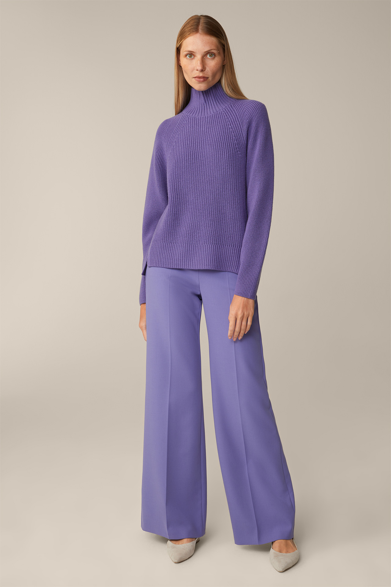 Virgin Wool Ribbed Knit Roll Neck Pullover in Purple - in the windsor.  Online-Shop