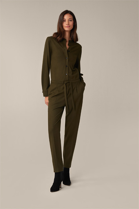 Wool Jersey Overalls with Button Placket in Olive