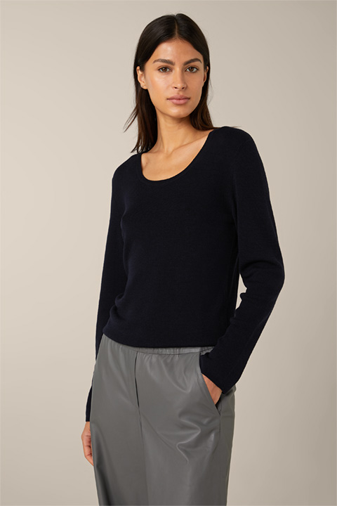 Virgin Wool Ribbed Knit Pullover with Silk in Navy