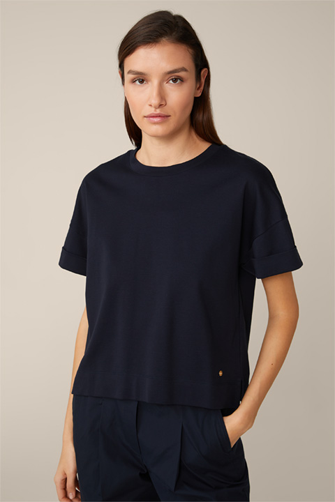 Cotton Interlock T-shirt with Back Pleat in Navy