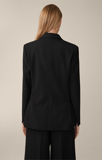 Virgin Wool Twill Double-Breasted Blazer with Pinstripes in Black