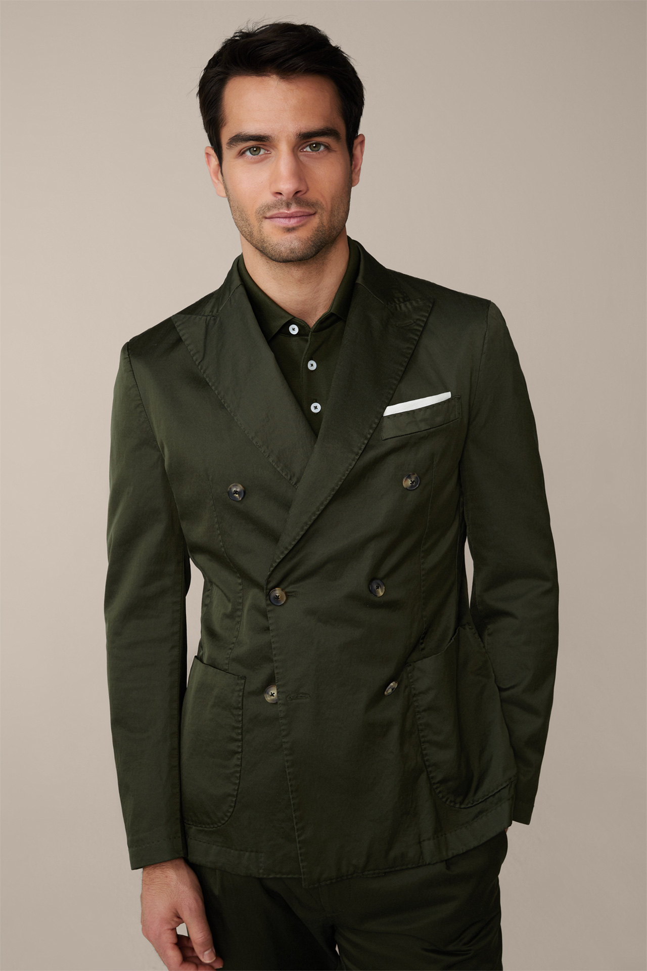 Cotton Mix Modular Double Breasted Satino Jacket in Olive