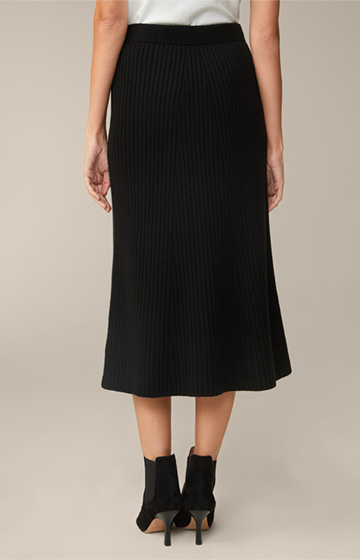 Black Ribbed Knitted Midi Skirt in a Virgin Wool and Cashmere Mix
