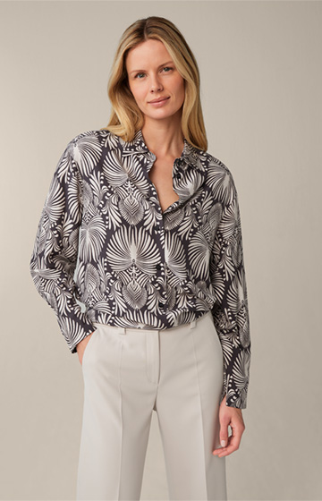 Ecru and Anthracite Patterned Viscose and Silk Print Shirt Blouse