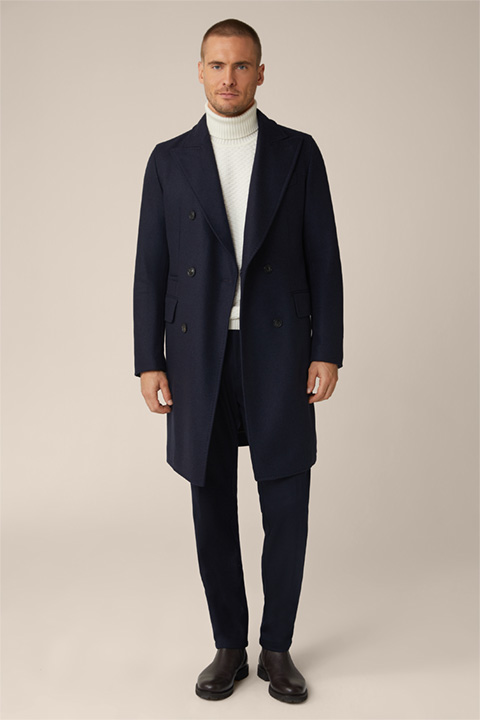 Cantro Cashmere Double-breasted Coat with Lapel Collar in Navy