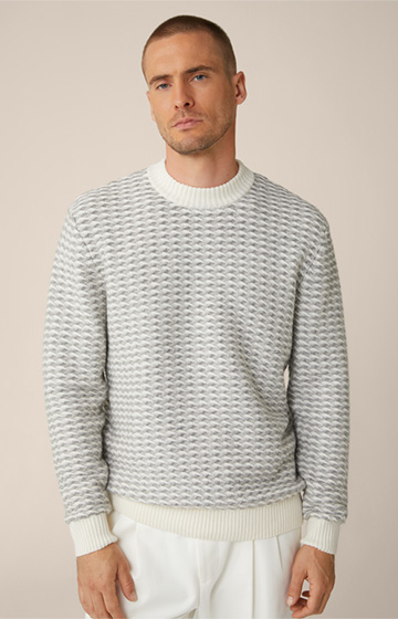 Textured Virgin Wool Round Neck Amilo Pullover with Cashmere in Ecru and Grey