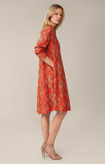 Print dress with stand-up collar in viscose and silk in a red and beige pattern