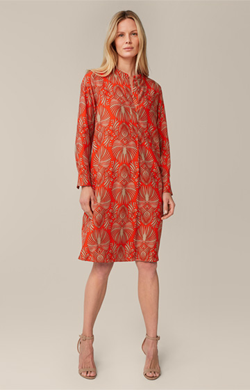 Print-Kleid mit Stehkragen aus Viskose und Seide in Rot-Beige gemustert
