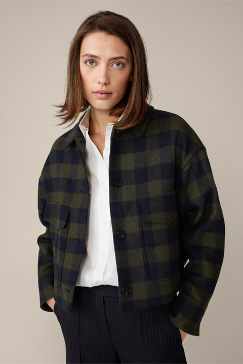 Wool-blend Short Jacket in a Navy and Olive Pattern