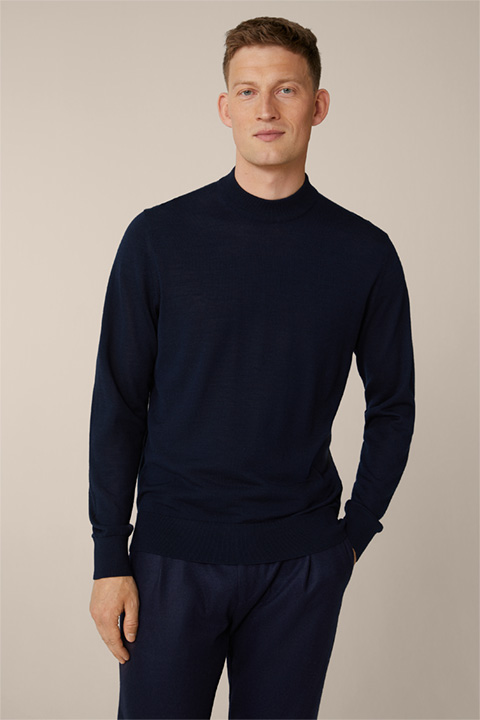 Nando Knitted Stand-up Collar Pullover with Silk and Cashmere in Navy