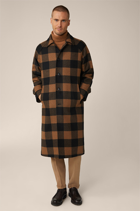 Manteau en laine mélangée Rossano avec col de chemise, en noir et marron à carreaux
